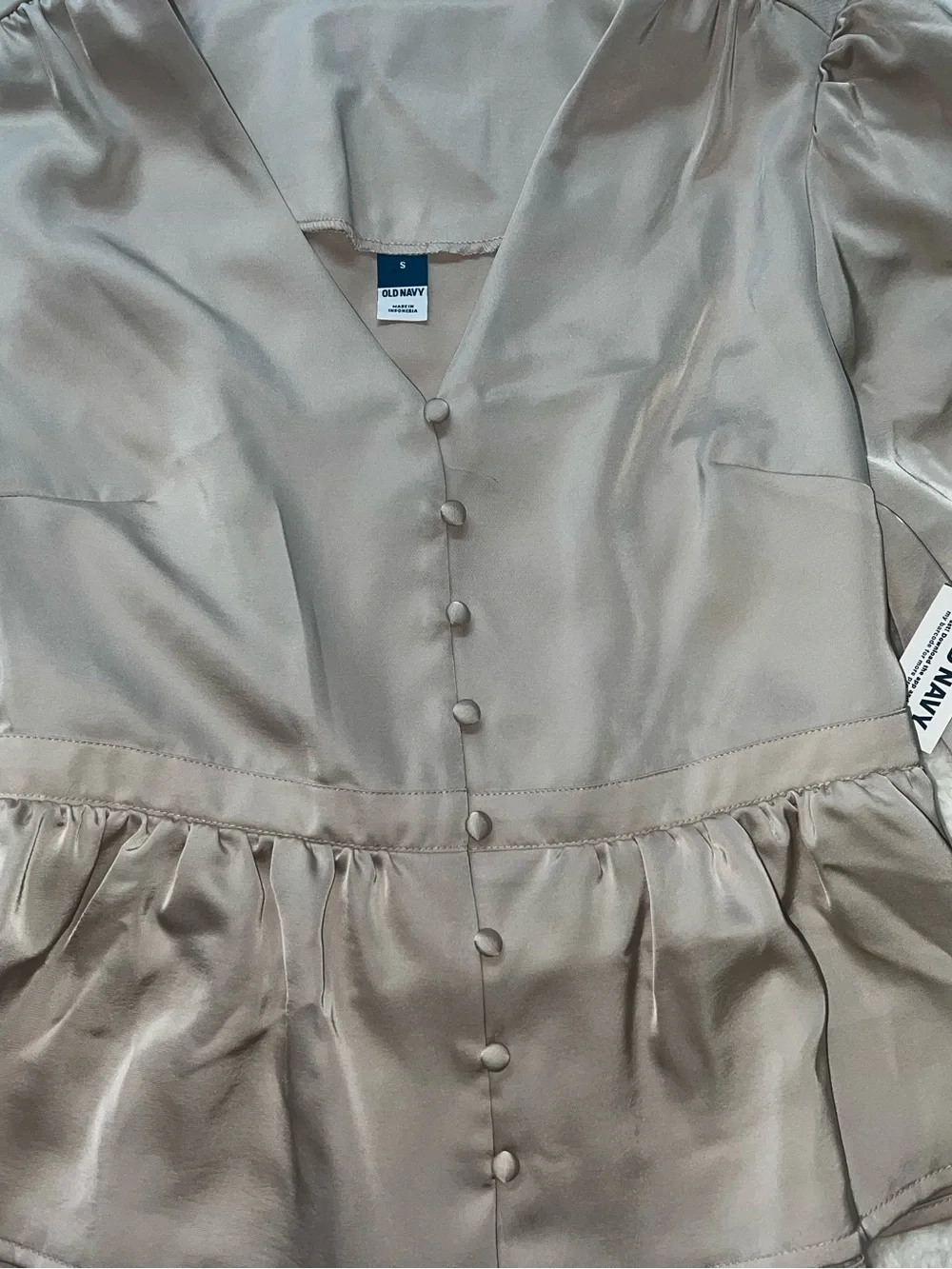 Light Beige  Satin Peplum Blouse - Women Tops